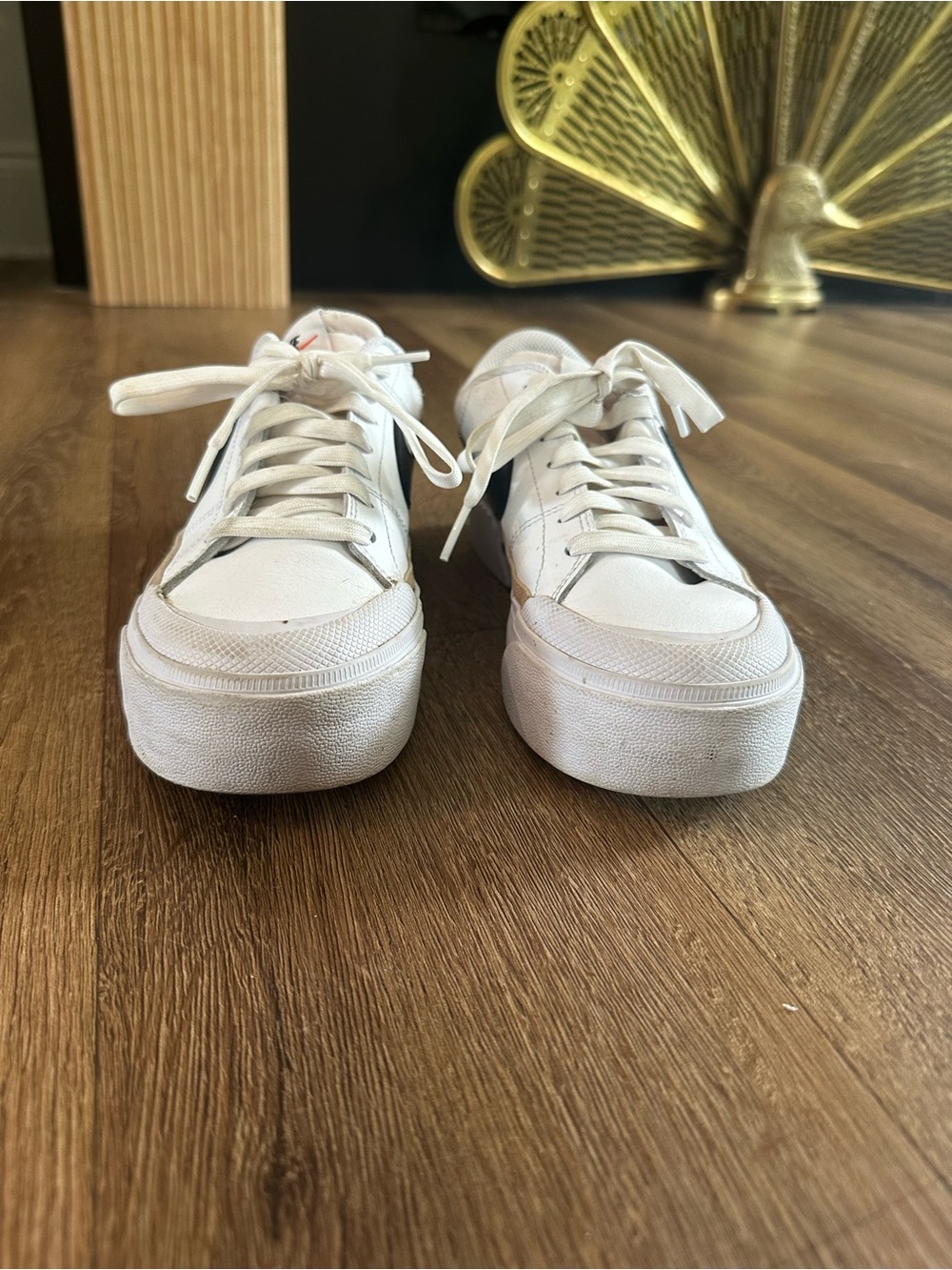 Nike Court Legacy Lift White Sneakers with Black Swoosh and Tan Stripe - Picture 6 of 8